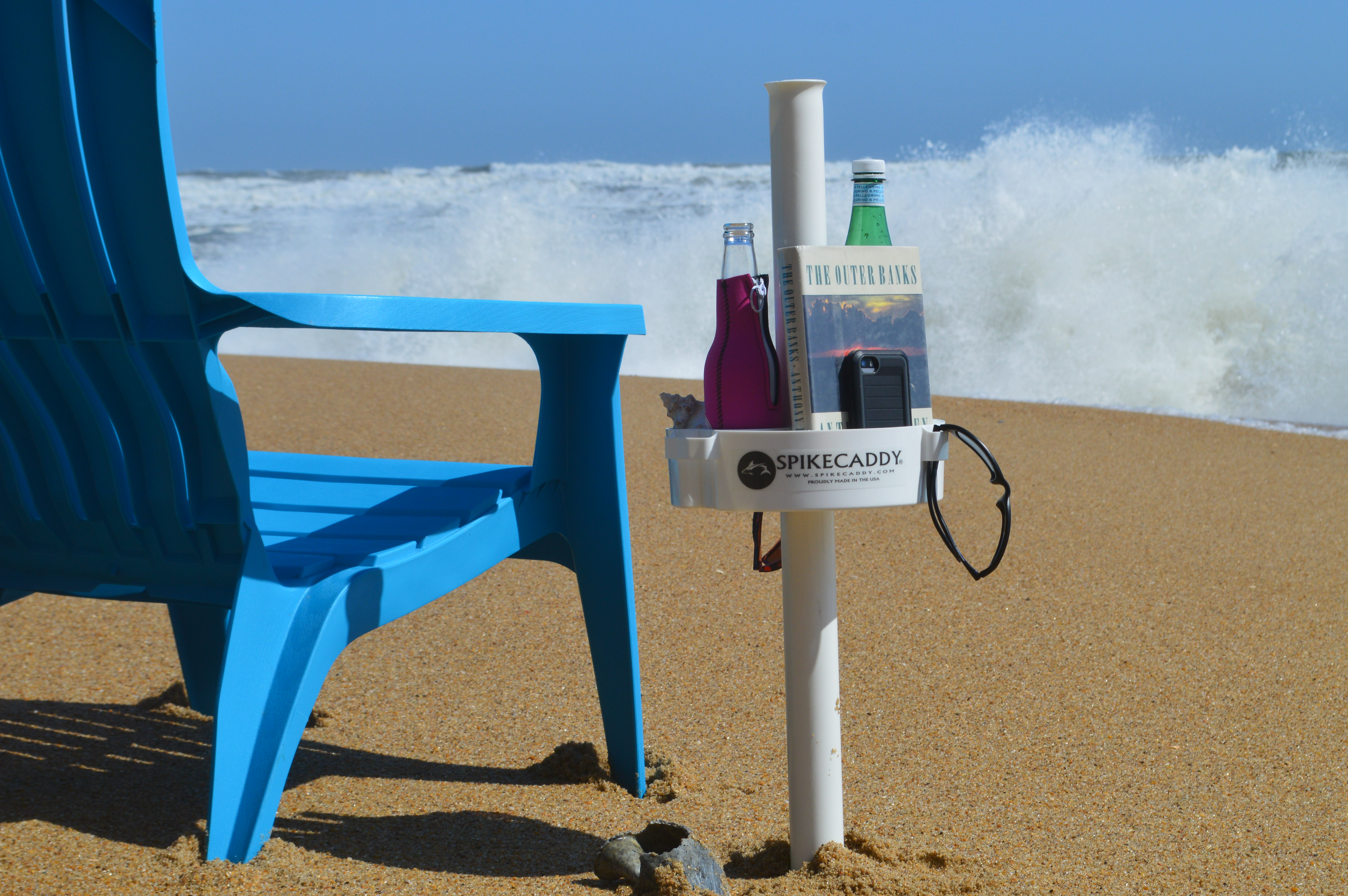 SPIKECADDY will keep you beverages and accessories out of the sand and salt water!